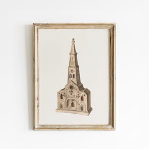 Primitive Church Print: Antique Chalkware Folk Art Watercolor
