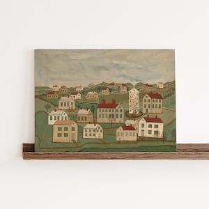 Primitive Landscape • Naive Village Folk Art Print • Early American Country Scene • Colonial Wall Decor • Rustic Farmhouse Painting Repro