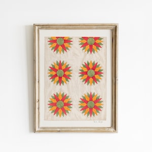 Peut inclure: Œuvre d'art encadrée avec six motifs floraux stylisés. Chaque fleur a un centre vert, entouré de pétales rouges et jaunes. L'œuvre est posée sur un fond beige clair et encadrée dans un cadre en bois doré.
