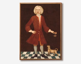 May include: A framed portrait of a person in a red coat and white wig, holding flowers, with a small dog at their feet. The background is a dark brown, and the floor is a checkered pattern of green and white squares.