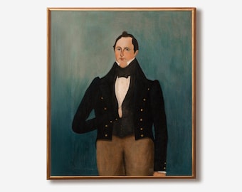 May include: A framed portrait of a man in a black jacket with gold buttons, a white shirt, and brown pants. The background is a teal color. The painting is in a gold frame.