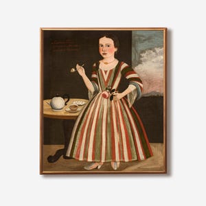 Folk Art Portrait Print – Early American Wall Art – Naive Colonial Painting – Primitive Limner Style – Susanna Truax Portrait