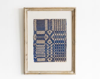 Antique Coverlet Print: Primitive Blue & White Folk Art Watercolor