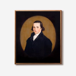 Primitive Portrait • Asa Benjamin Folk Art Print • Early American Revolutionary War Decor • Colonial Oval Wall Art • 1790s Farmhouse Style