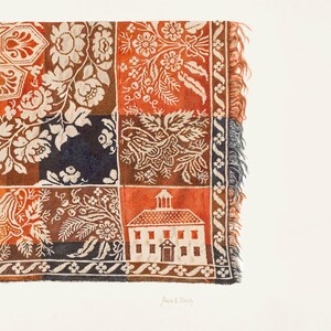 May include: A detailed watercolor painting of a patchwork textile with floral and architectural motifs. The quilt features squares in shades of brown, orange, and navy, with white floral patterns. The edge has a fringed border. The artist's signature is visible.