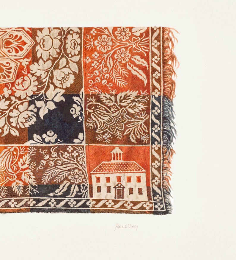 May include: A detailed watercolor painting of a patchwork textile with floral and architectural motifs. The quilt features squares in shades of brown, orange, and navy, with white floral patterns. The edge has a fringed border. The artist's signature is visible.