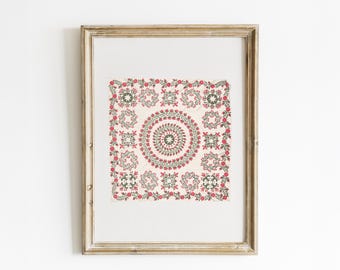 Antique Quilt Illustration Print: Primitive Folk Art Wall Decor