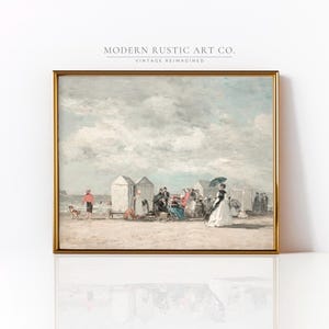 Pintura oceánica victoriana francesa • Paisaje marino en tonos pastel • Impresión de cabaña en la playa en tonos pastel suaves • Póster en tonos pastel suaves • Pintura al óleo victoriana