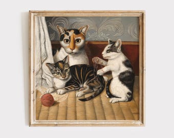 Primitive Cat Painting: Early American Folk Art Print