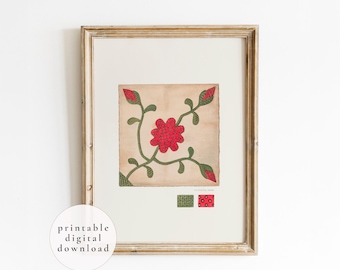 May include: A framed wall art print featuring a square illustration of a red flower with green stems and leaves on a beige background. Below the square are two small rectangular swatches, one green and one red, with the text printable digital download.