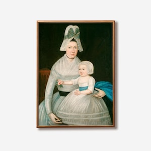 Portrait primitif • Impression d&#39;art folklorique mère et enfant • Décoration murale coloniale américaine précoce • Décor primitif de chambre d&#39;enfant • Style ferme des années 1790
