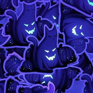 Glow In The Dark Jack O Lantern Black Cat With Pumpkins Spooky Halloween GITD Waterproof Matte Vinyl Die Cut Sticker 3 Inch image 1