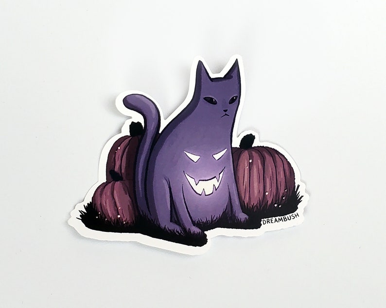 Glow In The Dark Jack O Lantern Black Cat With Pumpkins Spooky Halloween GITD Waterproof Matte Vinyl Die Cut Sticker 3 Inch image 5