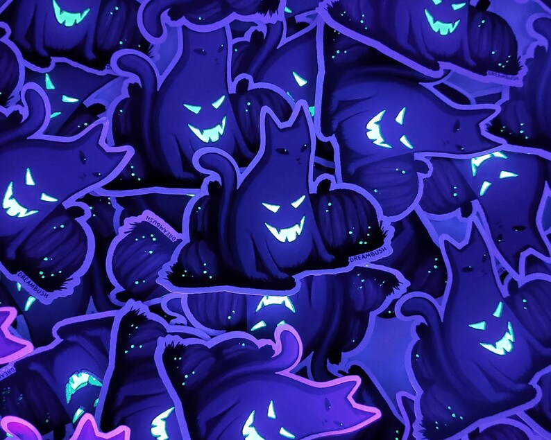 Glow In The Dark Jack O Lantern Black Cat With Pumpkins Spooky Halloween GITD Waterproof Matte Vinyl Die Cut Sticker 3 Inch image 1