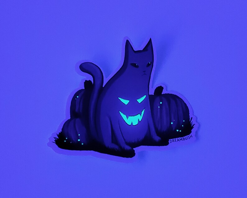 Glow In The Dark Jack O Lantern Black Cat With Pumpkins Spooky Halloween GITD Waterproof Matte Vinyl Die Cut Sticker 3 Inch image 2