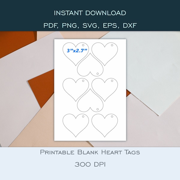 Printable Heart Blank Digital Tag Templates 3"x2.7" - Customize your own wedding or gift tags - PDF (A4), PNG, DXF, eps, svg formats