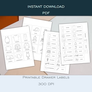 Etiquetas para gavetas de cômoda para crianças e adolescentes (meninos, meninas) - Roupas e acessórios - PDF (A4/Carta) - Armazenamento de quarto infantil - Ikea, Elfa