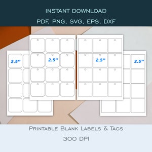 2,5-inch afdrukbare blanco vierkante tag- en labelsjablonen - SVG, pdf (A4), png, dxf, eps - afgeronde en rechte hoeken - hoge resolutie - 300 dpi