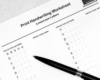 May include: Black and white printable handwriting worksheet for lowercase letters. The worksheet includes a section for tracing the letters and a section for writing the letters on your own. The worksheet is titled "Print Handwriting Worksheet Lowercase Letters".