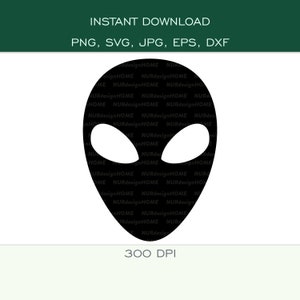May include: Black silhouette of an alien head with large eyes. The image is set against a white background.
