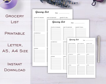 May include: Three printable grocery list templates in different sizes. The lists are divided into categories such as fruits and veggies, meat and seafood, bakery and deli, household, drinks, frozen, dairy, and pantry.