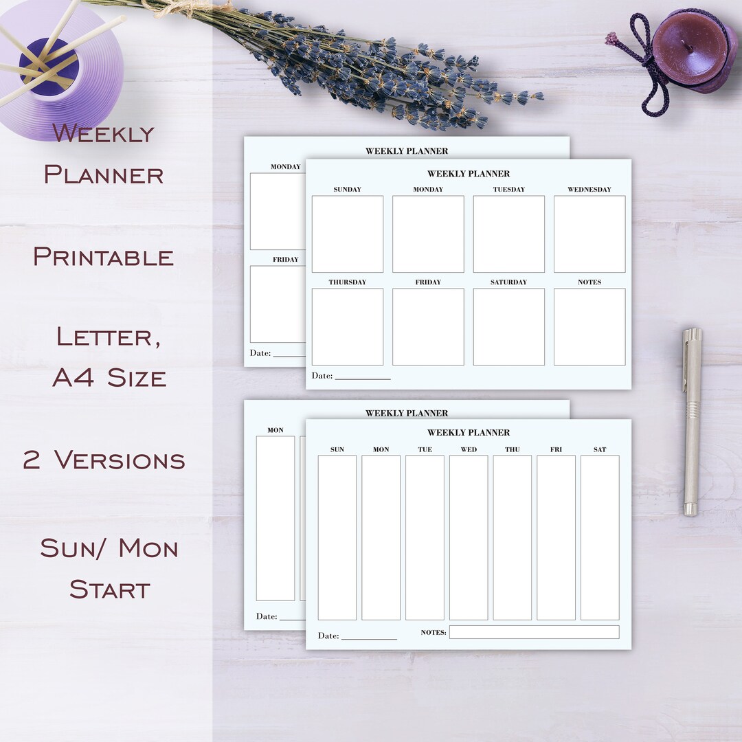 Printable Weekly Planner - PDF - Sunday and Monday Start - Minimalist ...