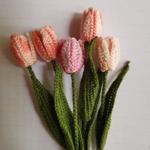 Könnte beinhalten: Ein Strauß aus fünf gehäkelten Tulpen in Rosa- und Pfirsichtönen mit grünen gehäkelten Blättern.