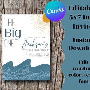 The Big One Surf Invitation/ Digital Download/ Editable/ First Birthday/ 1st Birthday Invite