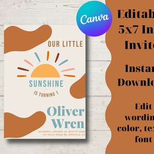 Our Little Sunshine Is Turning One Invitation/ Digital Download/ Editable/ First Birthday/ First Birthday Invite