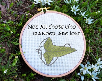 Not all who wander are Lost. Leaf of Lorien Lord of the Rings inspired cross stitch pattern. Easy beginner pattern!