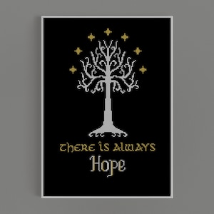 May include: A black and white cross-stitch design of a tree with gold stars, with the text "there is always Hope" below the tree.