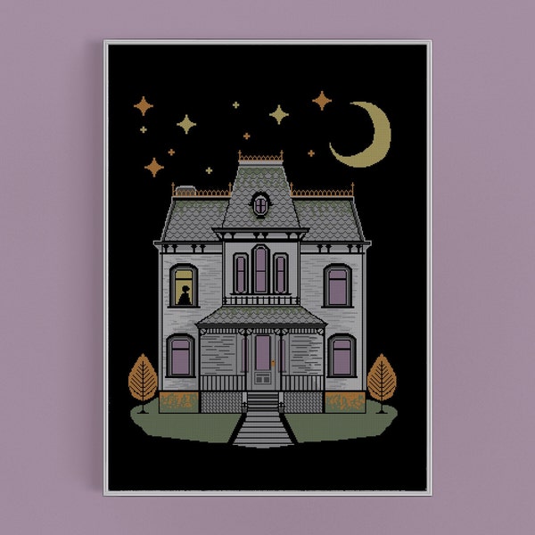 Horror Cross Stitch. Psycho house cross stitch pattern. PDF download. Craft gift. Craft DIY. Horror fan cross stitch.