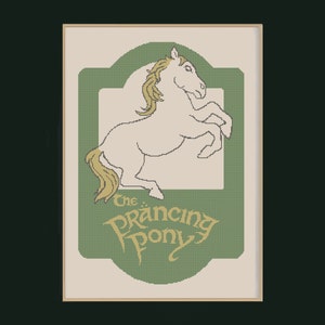 May include: A green and white sign with a white horse rearing up on its hind legs. The sign reads "The Prancing Pony".