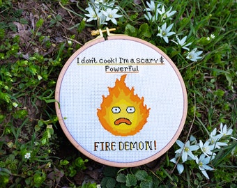 Studio Ghibli inspired Calcifer cross stitch pattern pdf. Howl's Moving Castle inspired art.