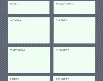 May include: A workout planner with a gray background and a diamond pattern. The text "WORKOUT PLANNER" is at the top. It has sections for dates, weekly goals, and each day of the week, Monday through Saturday. The text is in a light blue color.