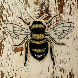 May include: A sticker featuring a detailed illustration of a bumblebee with a fuzzy yellow and black striped body, six black legs, and translucent wings with fine black line work. The insect is depicted from a top-down perspective.