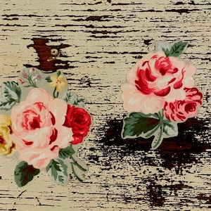 May include: Two floral appliques featuring detailed rose illustrations. The left applique displays a cluster of pink, red, and yellow roses with green leaves. The right applique shows a single large pink and red rose with green foliage.