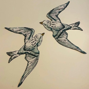 May include: Two illustrated birds in flight, rendered in shades of blue, grey, and white with dark outlines. The birds are depicted with wings spread wide, angled toward each other, featuring small gold-colored beaks and detailed feather markings.