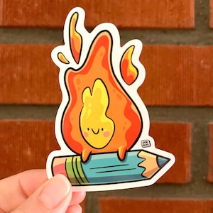 Happy Fire Vinyl Sticker, Pencil Sticker, Artist Sticker, Anime Fire, Fire Demon, Cute Fire, Cute Kawaii Water Bottle Laptop, Weatherproof