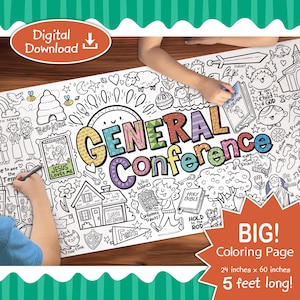 May include: A large, black and white coloring page with the words "GENERAL CONFERENCE" in colorful letters. The page is 24 inches by 60 inches (5 feet long) and features various illustrations and text, including "JESUS LOVES ME" and "HOLY BIBLE".