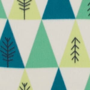 May include: A white background with a repeating pattern of green, teal, and yellow triangles. Each triangle has a stylized black tree silhouette.
