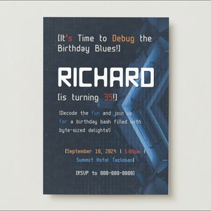 Puede incluir: Una invitación de cumpleaños digital de temática azul y negra para el cumpleaños número 35 de Richard. La invitación incluye la fecha y hora de la fiesta, la ubicación y un número de teléfono para confirmar la asistencia.