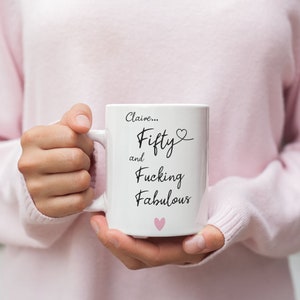 Personalised 50 and fucking fabulous Gift, Fabulous 50th Birthday Present, Funny Joke 50th Cup for her, 50th Mug for him image 2