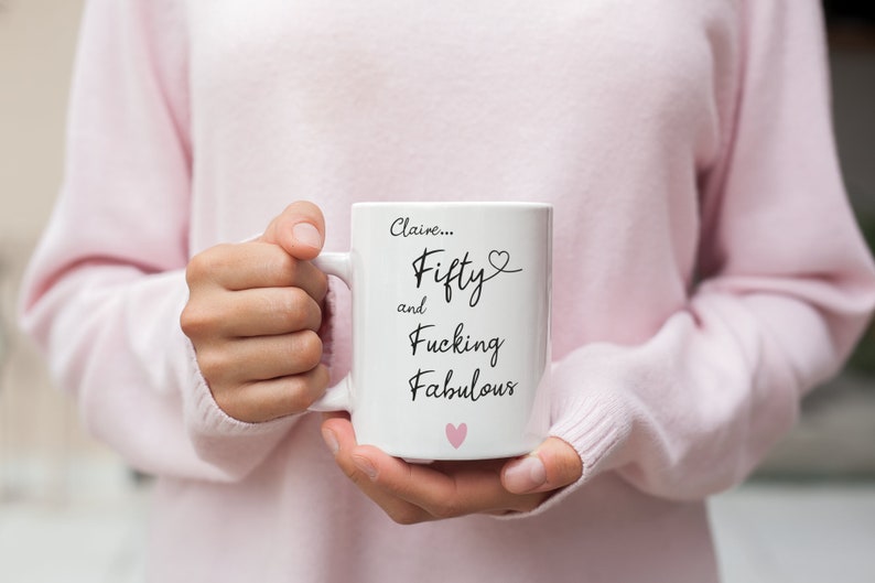 Personalised 50 and fucking fabulous Gift, Fabulous 50th Birthday Present, Funny Joke 50th Cup for her, 50th Mug for him image 2