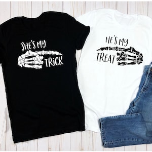 Trick and Treat Couple Shirt Set Funny Halloween Skeleton Hand Matching Shirts for Him and Her Spooky Love Tee Cute October Outfit Idea