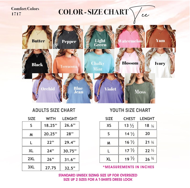 The image is a color-size chart for a t-shirt design, displaying various color options and corresponding sizes for both adults and youth.