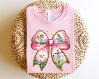 Easter Sweatshirt: Jesus 'He Is Risen' with Coquette Bow Shirt