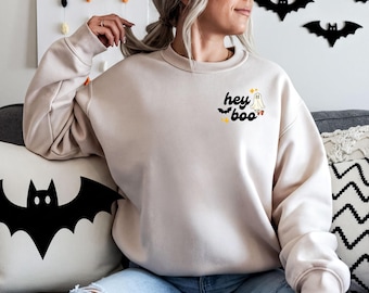 Hey Boo Halloween Sweatshirt: Ghost & Bat Graphic Tee - Spooky Season