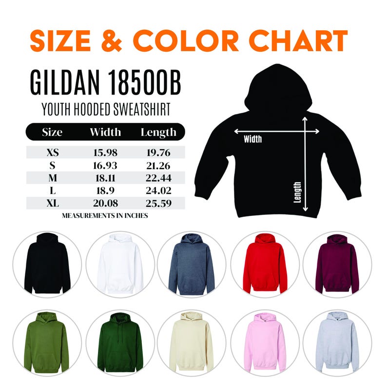 the size and color chart for a hoodie sweatshirt