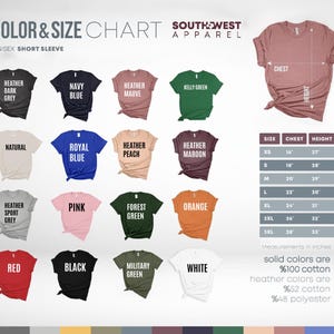 The image is a color and size chart for South West apparel, featuring a variety of short sleeve t-shirts in different colors and sizes.